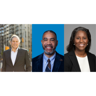 Separate photos of two men and a woman in professional attire