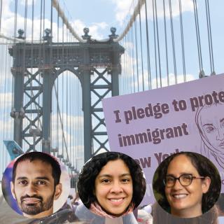 Five icon headshot images of Murad Awawdeh, Fahd Ahmed, Nilbia Coyote, and Dr. Carolina Bank Muñoz left to right, on top of background protest image