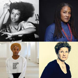 En el sentido de las agujas del reloj desde arriba a la izquierda: Fotografías de Lorraine Hansberry, Lynn Nottage, Lisa Kron, Erika Dickerson-Despenza