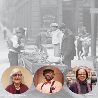 背景是 1900 年纽约州马尔伯里本德的蛤蜊小贩的照片。街上的蛤蜊车周围站着四个男人。 照片底部是 5 张头像。 从左到右：斯科特·巴顿、哈西亚·迪纳、本·哈尼、格蕾丝·杨和朱莉娅·莫斯金。
