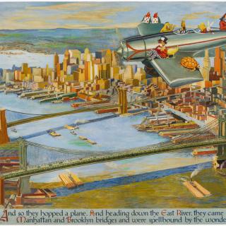Characters from Alice in Wonderland flying over Manhattan in a small airplane
