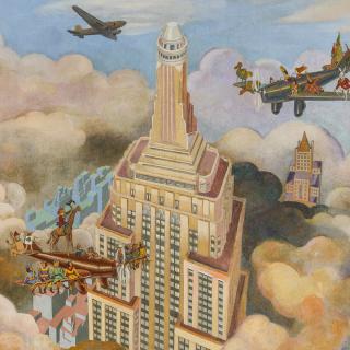 Characters from Alice in Wonderland flying over Manhattan in a small airplane