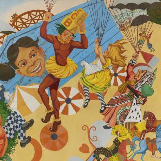 A colorful artwork of multiple characters flying parachutes with an amusement park backdrop