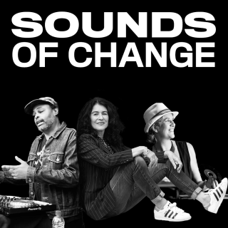 Imagen en blanco y negro con texto en negrita "Sounds of Change" y collage de DJ Misbehaviour, Operator Emz y Janette Beckman