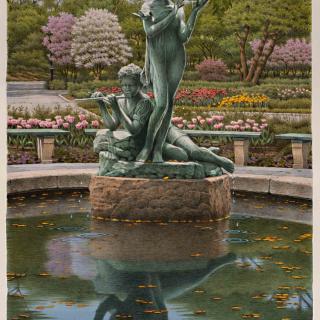 A painting of two child figure statues in a fountain with flowers and trees in the background.