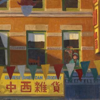 Paining of a building with a Chinese-language storefront on the ground floor and two people sticking their heads out of a second floor window