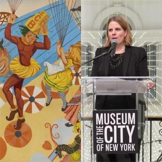 A painting of characters from Alice in Wonderland exploring Coney Island next to a portrait of Lilly Tuttle