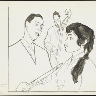Line drawing of three jazz musicians talking and playing music.