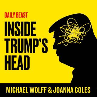Yellow image with black silhouette of Trump's head with a spiral