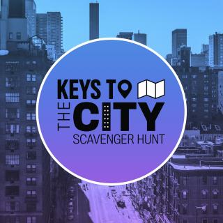 뉴욕시 건물의 그래픽 배경에는 "Key to the City"라는 텍스트가 있습니다.