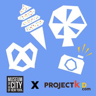 観覧車、アイスクリームコーン、プレッツェル、カメラなどの図形の画像。水色の背景に浮かぶ紙から切り取られたように見え、ニューヨーク市立博物館のロゴとプロジェクトキッドが付いています。