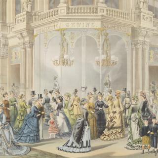 Color engraving that depicts a crowd of ladies and children in 19-century fashionable dress standing in front of a window display for Domestic Sewing Machines. 