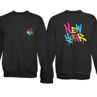 Two black sweatshirts with 'New York' written on them side-by-side. 
