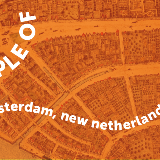 People of New Amsterdam, New Netherland, Lenapehoking이라는 단어가 있는 주황색 그래픽이 1660년 New Amsterdam의 Castello 평면도 위에 겹쳐져 있습니다.