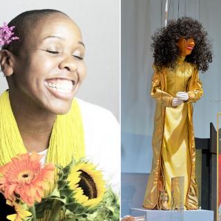 Left: Headshot of puppeteer Nehprii Amenii with flowers, Right: Photograph of a marionette based on Diana Ross. 