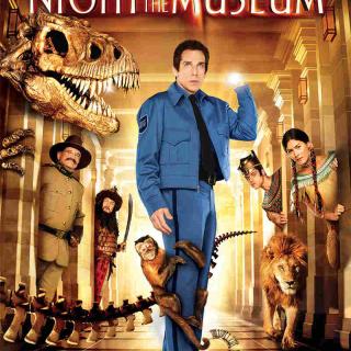 Ben Stiller standing in the foreground with a monkey on his leg and the museum characters surrounding him in the background.