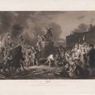 A black-and-white print from 1859 depicting a nighttime scene of an angry crowd of New Yorkers from the colonial period pulling down an equestrian statue of King George III.