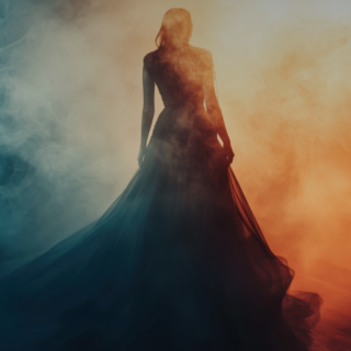 A silhouetted figure in a flowing gown stands amid swirling mist, illuminated by a gradient of warm orange and cool blue light.