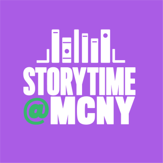 보라색 배경과 제목 위의 스카이라인에 있는 StoryTime @ MCNY.