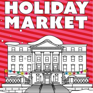 Line drawing of the Museum facade with christmas lights across the balcony. Red and pink striped diagonal background with text "Holiday Market" in bold uppercase lettering above.