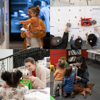 Photo collage: [Bottom Right] A man holds a toddler as they look at paintings. [Bottom Left] A woman smiles at a small child making art. Top Right] A man and two small children draw at a table. [Bottom Right] An adult reads a book to a group of toddlers. [