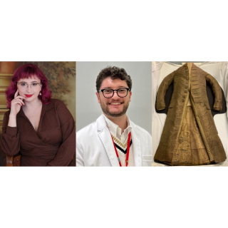 Two people smiling next to traditional clothing of George Washington