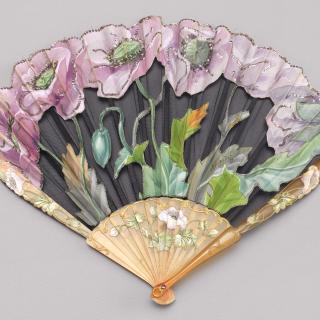 Folding fan of painted silk and net cutwork leaf, ca. 1900