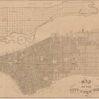 Mapa de planejamento para o sistema de grade da cidade de Nova York. O mapa mostra toda a cidade de Manhattan, com as ruas e os parques rotulados.