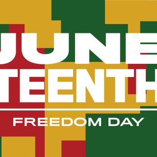 A banner image with the headline titles Juneteenth and Freedom Day over a background of abstract shapes in the colors red, green, and yellow. 