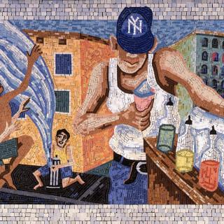 Mosaico de um homem e duas crianças.