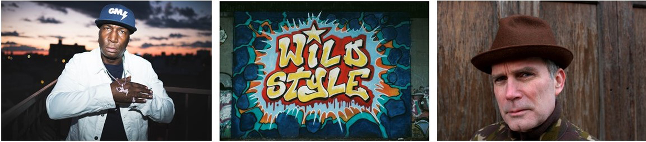 A series of three images: The first is a headshot of Grandmaster Flash in a white jean jacket and black t-shirt, the second a graffiti mural that reads "Wild Style," and the third a headshot of Charlie Ahearn with a brown hat.. 