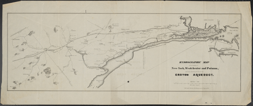 N. Currier (Empresa). Mapa hidrográfico dos condados de Nova York, Westchester e Putnam, e também mostrando a linha do aquaduto de Croton. ca. 1845. Museu da cidade de Nova York. X2011.5.131