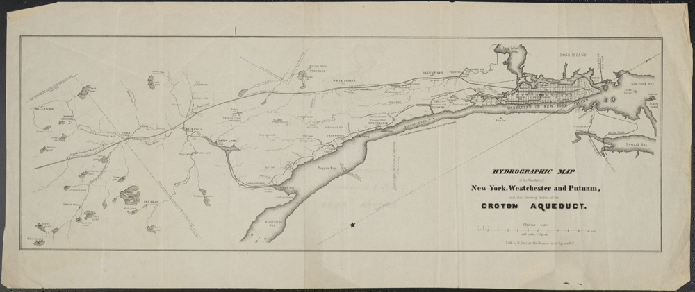 N. Currier (회사). 뉴욕, 웨스트 체스터, 퍼트 남 카운티 수로지도 및 크로톤 아쿠아 덕트 라인을 보여줍니다. ca. 1845. 뉴욕시 박물관. X2011.5.131