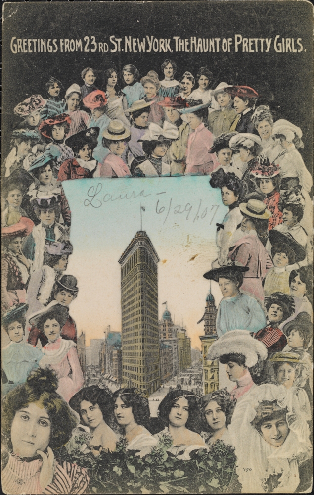 Empresa de cartão postal de lembrança. Saudações da 23ª St. New York, O assombro de garotas bonitas, ca. 1907. Museu da cidade de Nova York. X2011.34.109