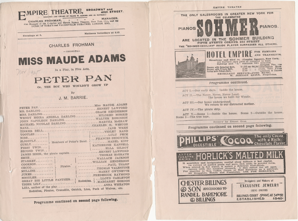 Programme de théâtre pour «Peter Pan» à l'Empire Theatre, novembre 1905. Musée de la ville de New York. X2012.42.2